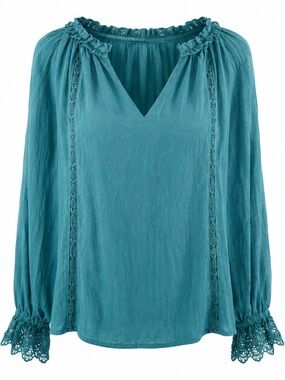 Teal Peasant Blouse Size XS | Lace Trim Ruffle Neck Boho Long Sleeve Top